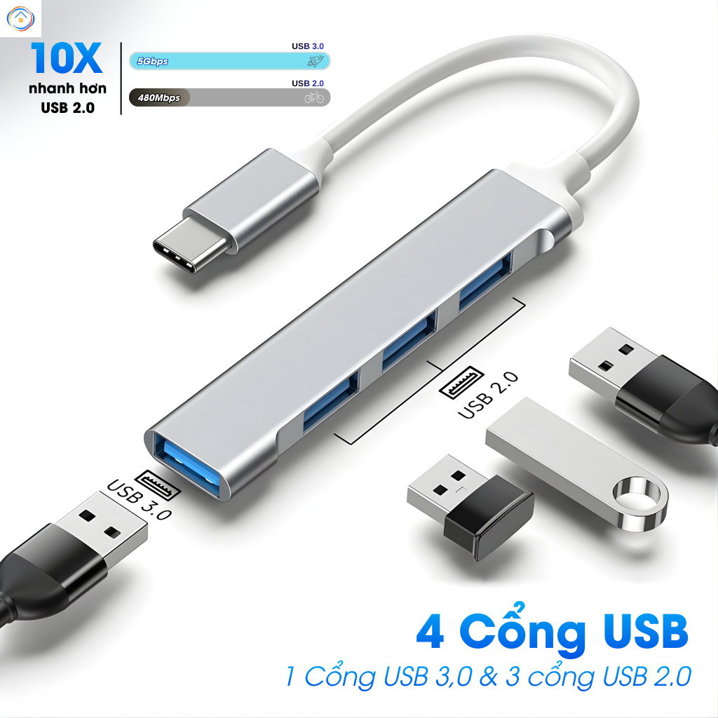 Hub USB Type-C 4 cổng – Bộ mở rộng đa chức năng cho máy tính xách tay
