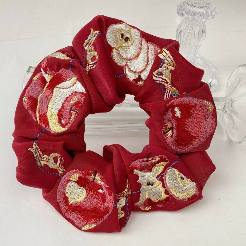 Snowyprincess Red Apple Embroidery Hair Ring Hair Accessories Large Intestine Hair Ring Red Apple Ne