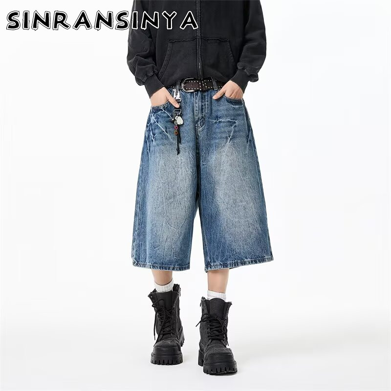 SINRANSINYA Quần Jeans Nam Phong Cách Retro, Sọc Dọc, Seven-Eighth Length