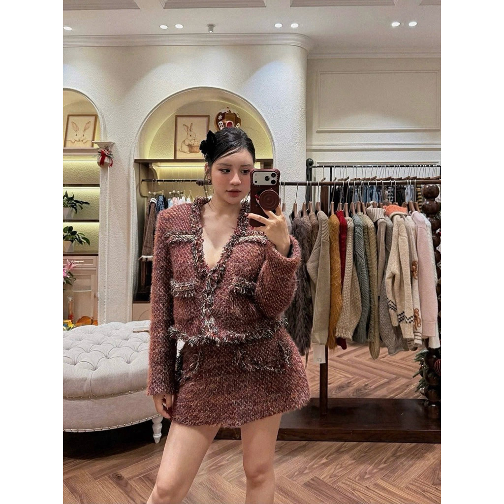 Capelia Set Bộ Áo Dạ Cổ V Tua Rua Mix Chân Váy A Ngắn, Set Bộ Dạ Khoác Mix Chân Váy Ngắn Kab