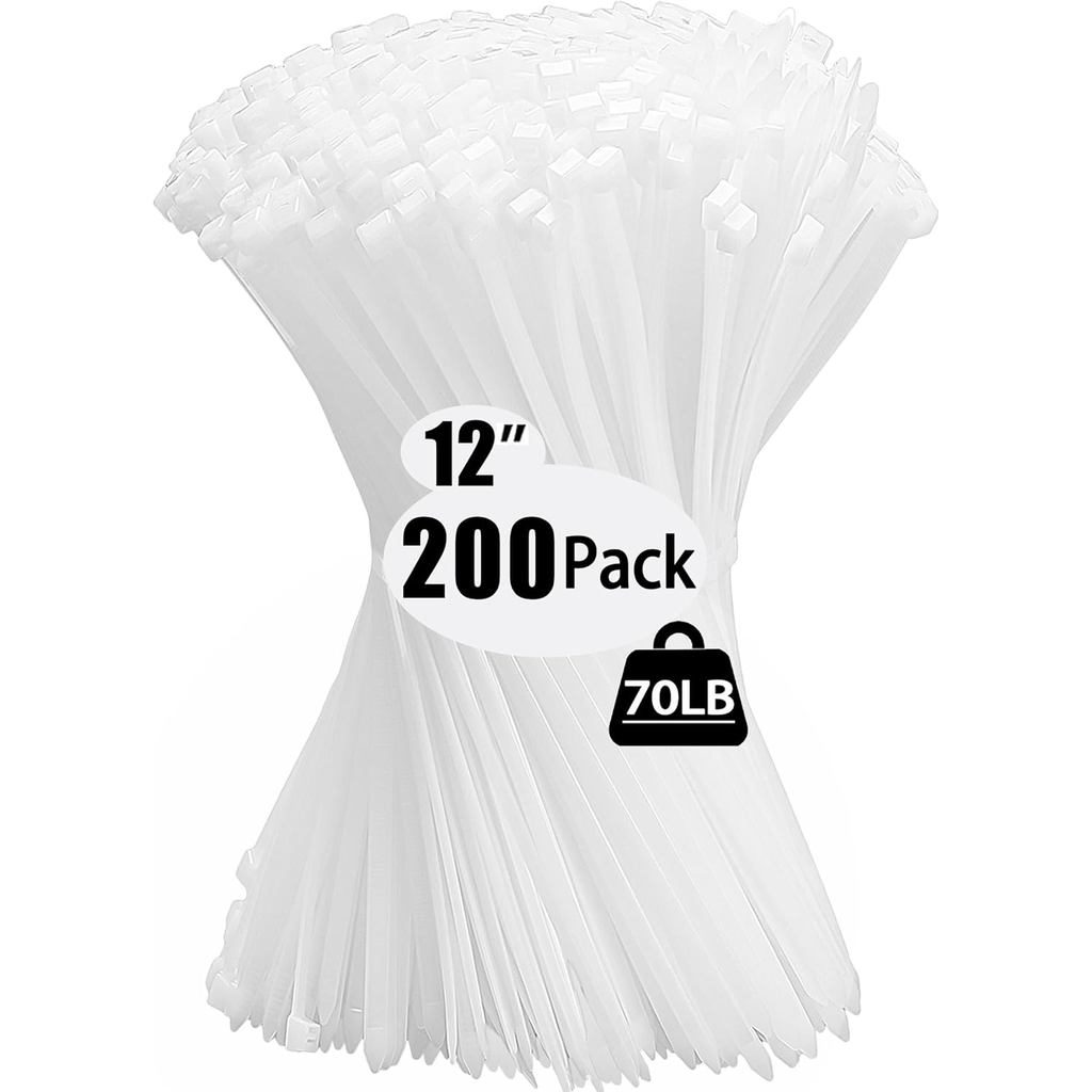 200 gói Dây buộc dây Zip Dây buộc cáp 12 Inch Dây buộc dây trong suốt với độ bền kéo 70 pound, Dây b