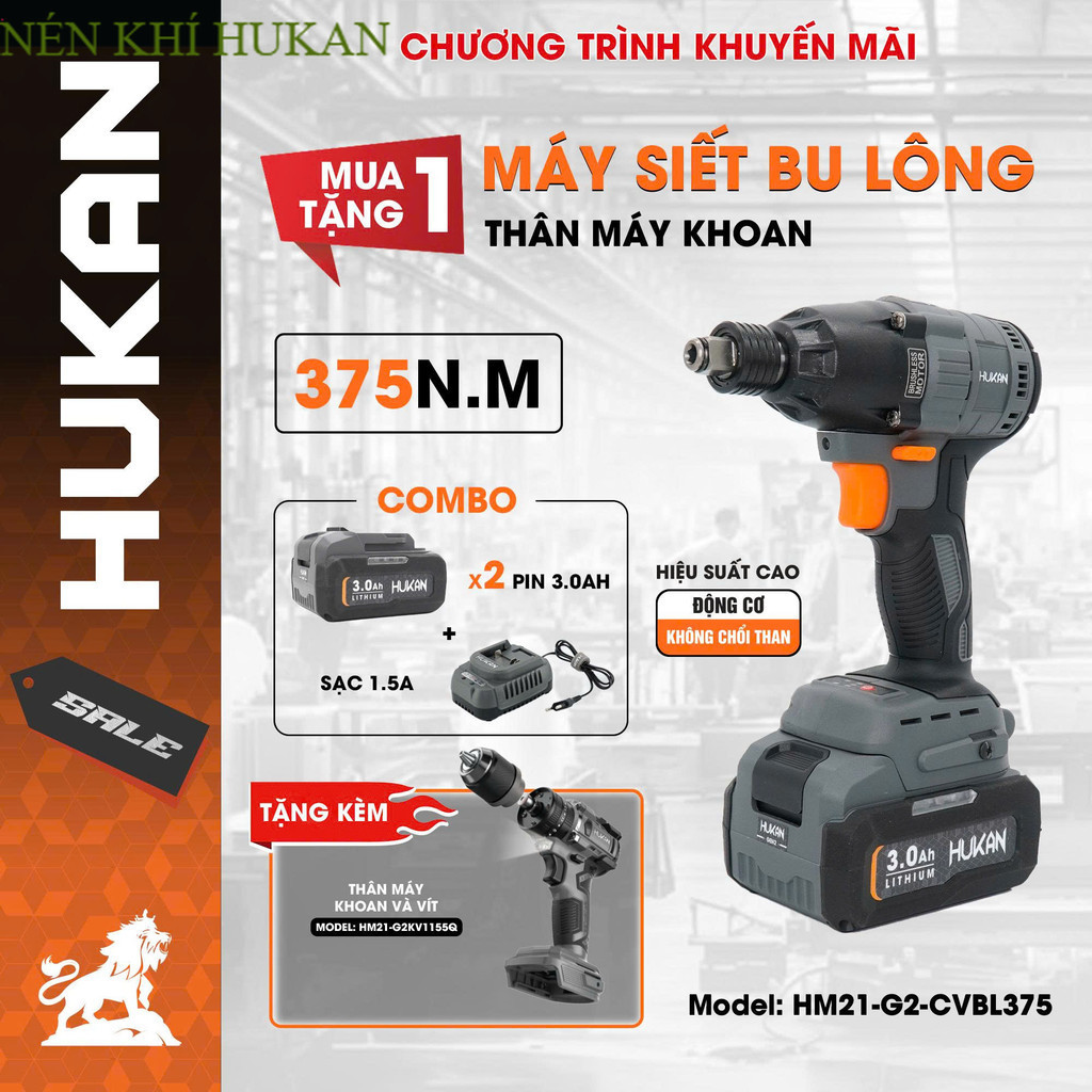 Máy siết bulong pin HUKAN HM21-G2-CVBL375, Đầu 2 trong 1, Lực siết 375Nm tặng quà Nén Khí HUKAN