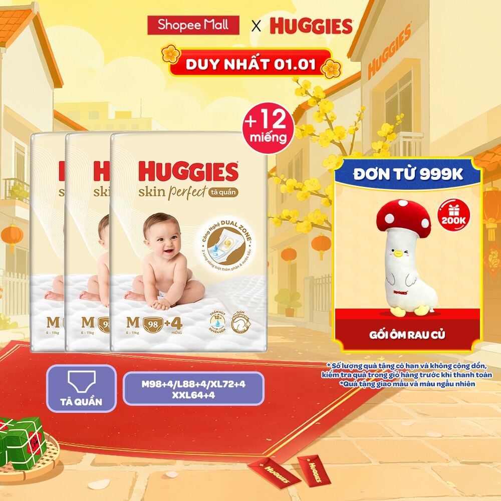  Combo 3 gói Tã quần Huggies Skin Perfect Mega Jumbo cỡ M L XL XXL với 2 vùng thấm giảm kích ứng 