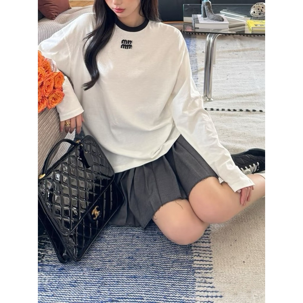 MIU*MM Spot Goods Miu Home Black and White Color-Block Long Sleeve Celebrity Style Base Shirt T Long