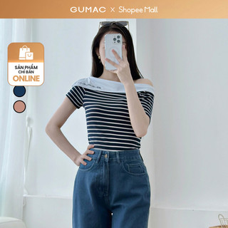  Áo thun nữ GUMAC kiểu lệch vai tay ngắn màu xanh sọc ngang thêu chữ  LAF0815 