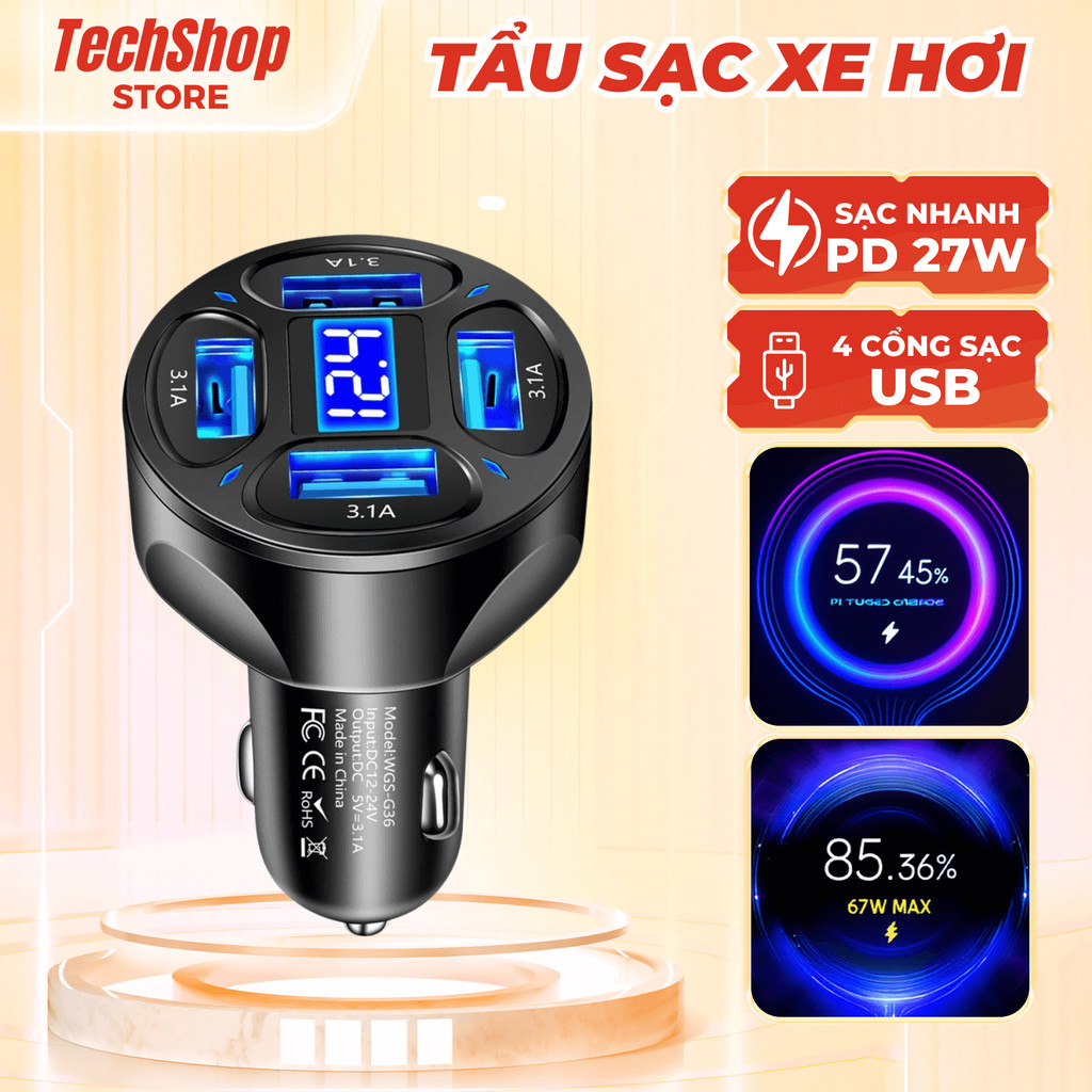 Tẩu Sạc Xe Hơi 4 Cổng USB WGS-G36, Tẩu Sạc Nhanh Ô Tô USB 3.1A Techshop