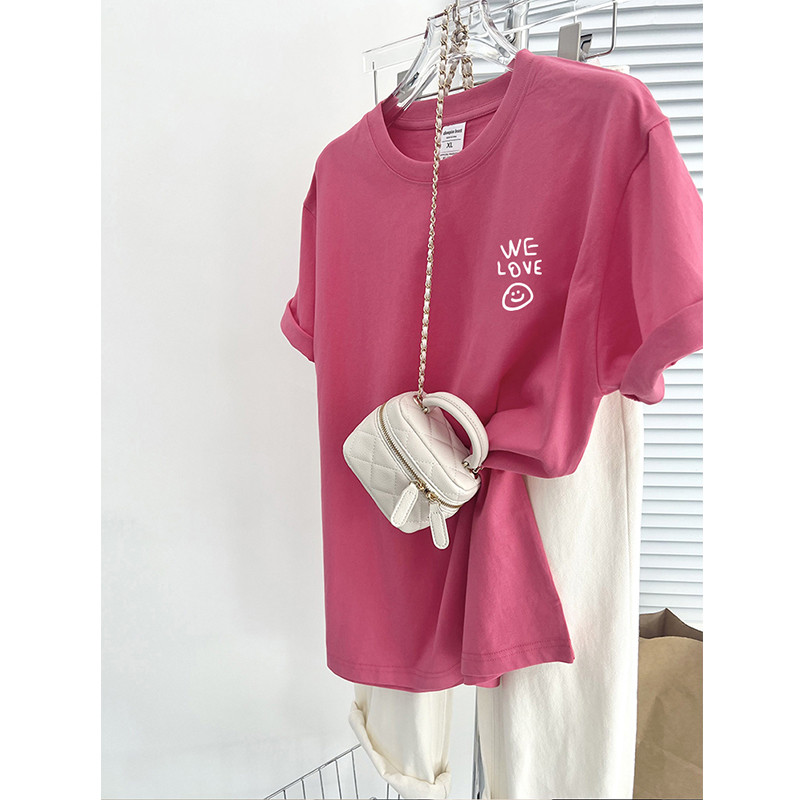Magenta Smiley Letter Áo thun ngắn tay nữ mùa hè 2026 - Cotton nguyên chất, phong cách mới, cổ tròn