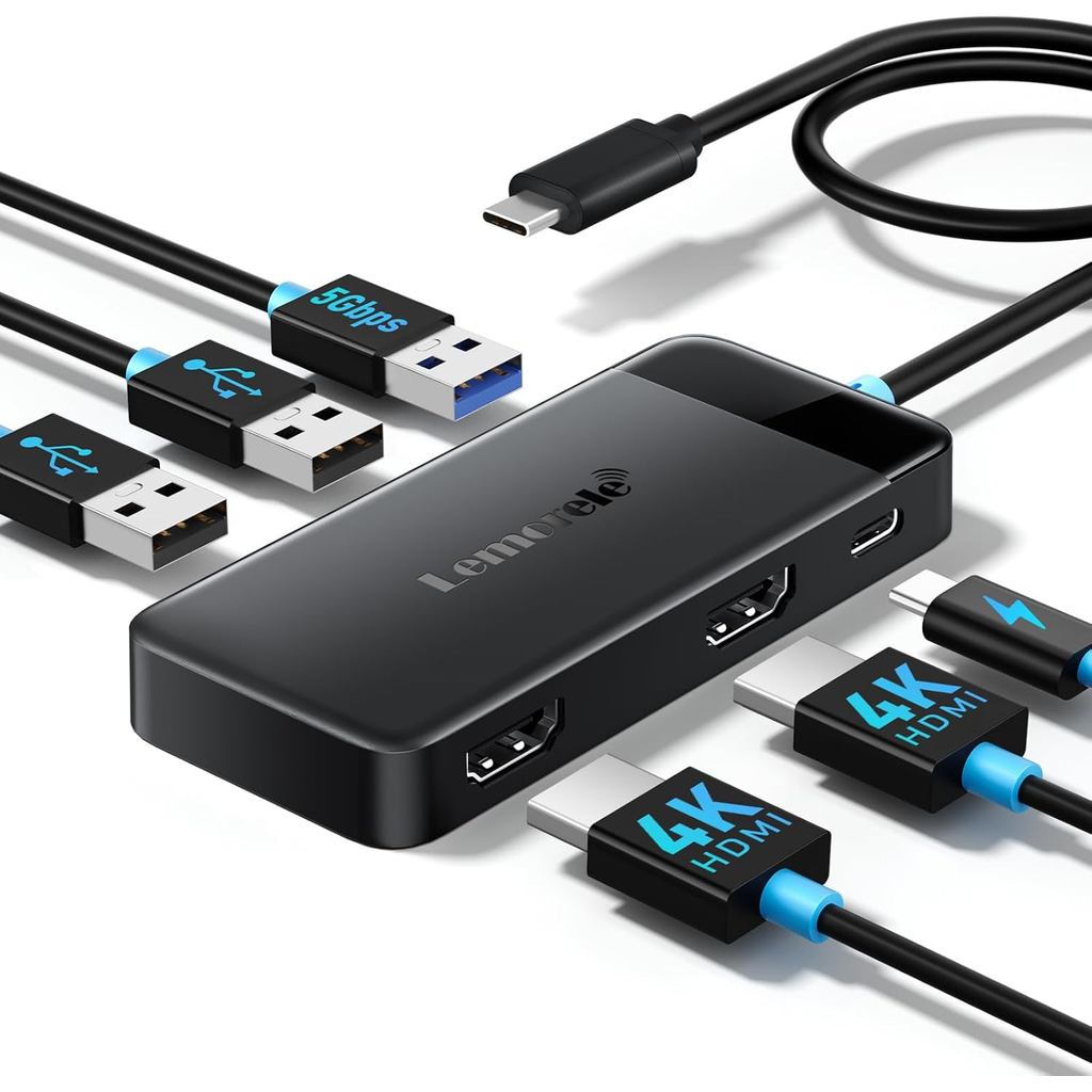 Lemorele Docking Station Màn hình kép, Bộ chuyển đổi đa cổng USB C Hub 6 trong 1 w / 2 HDMI 4K, 5Gbp