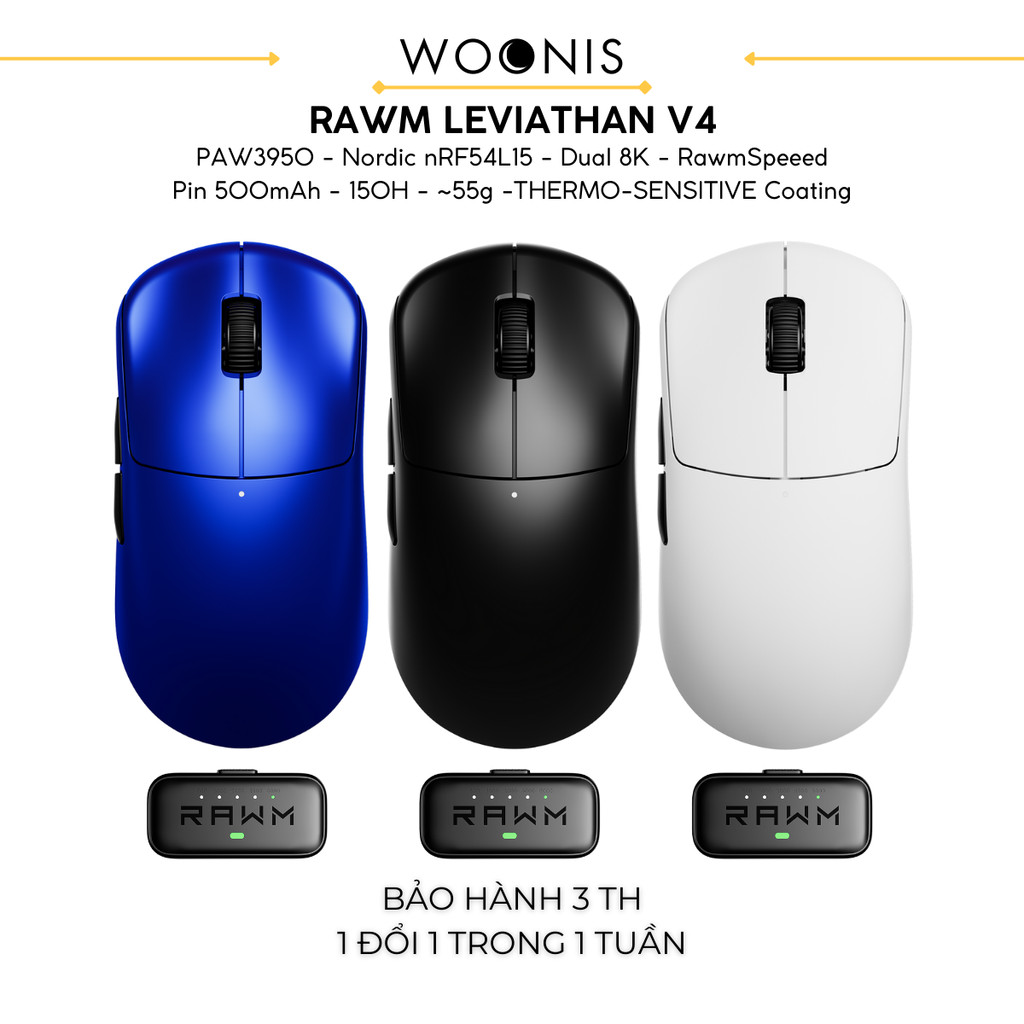 Chuột Gaming Không Dây RAWM Leviathan V4, Cảm Biến PAW3950, Nordic nRF54L15, Dual 8K, RawmSpeeed, Pi