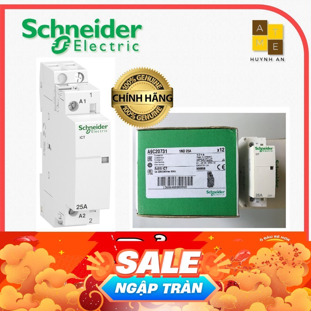 Khởi động từ 1P A9C20731  tiếp điểm 1NO , 25A điện áp cuộn dây 230/240VAC Acti9  - Hãng Schneider