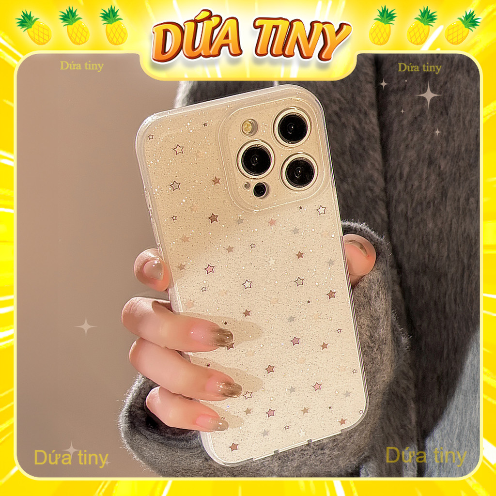 Ốp IPhone Trắng Phủ Nhũ Lấp Lãnh Họa Tiết Sao, Bo Camera Viền Dẻo ip17prm-12prm