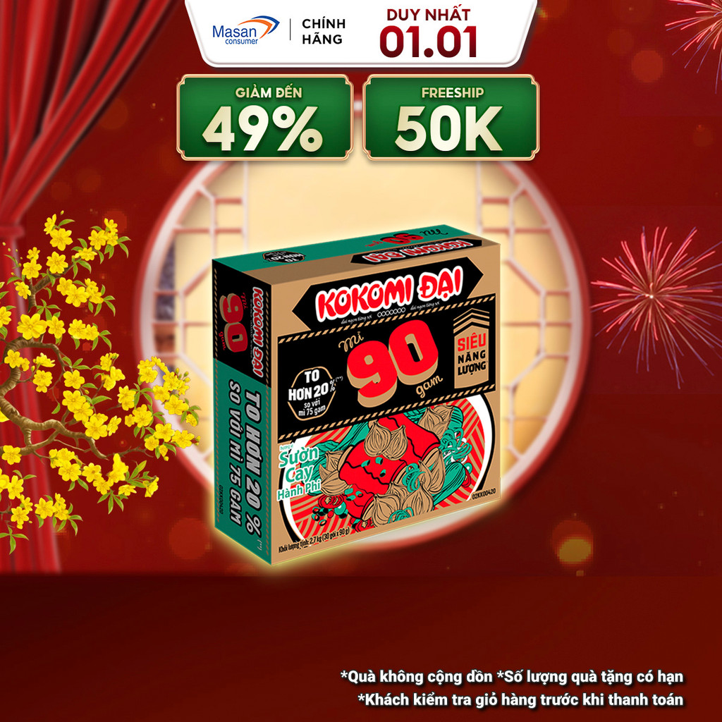  Mì Kokomi Đại 90 Sườn Cay Hành Phi - Thùng 30 Gói x 90G 