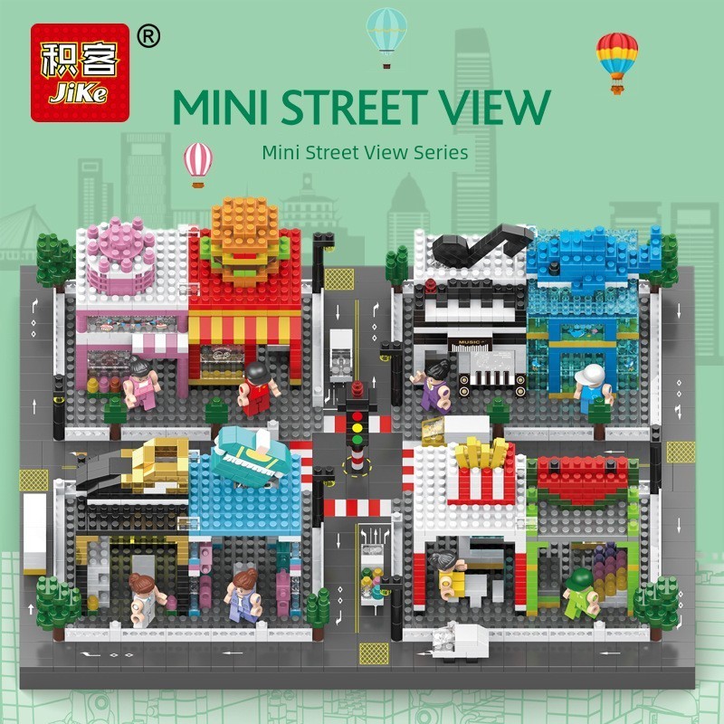 đồ chơi bé trai đồ chơi cho con gái Jike chính hãng khối xây dựng tám trong một mini nhìn ra đường p