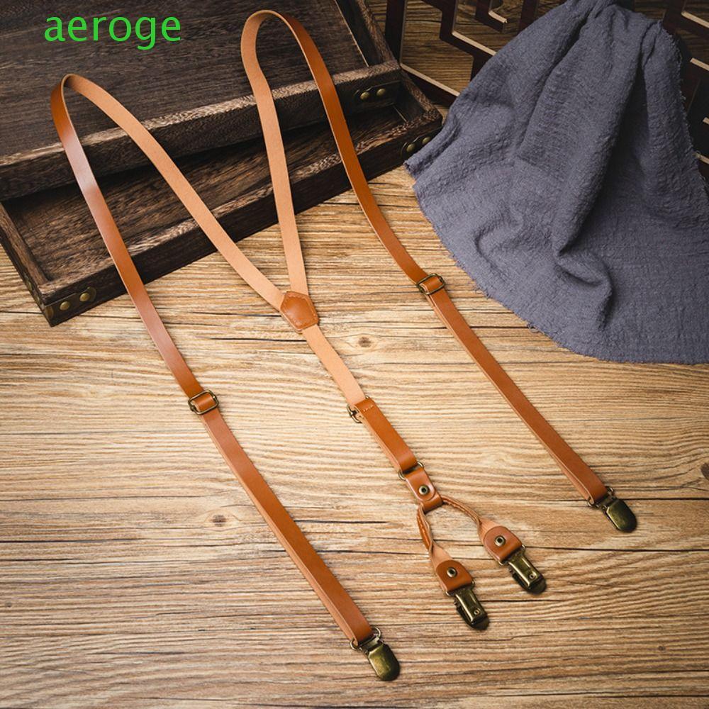 Aerogem Suspenders Nam, Dây Da Đen 1.5cm, Kẹp Kim Loại Phong Cách Anh Retro