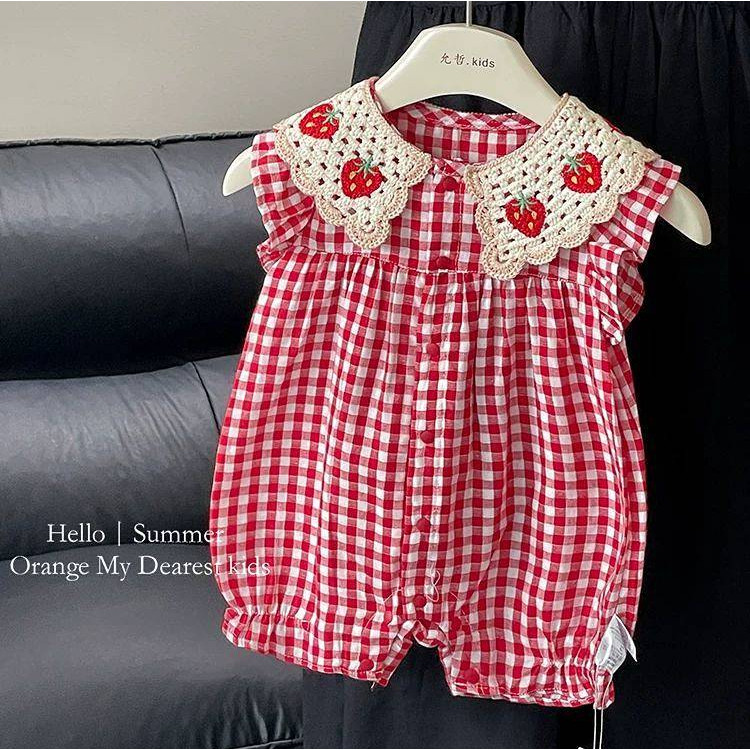 Summer New Baby Clothes Baby Girl Rompers Lace Strawberry Plaid Jumpsuit 65SH