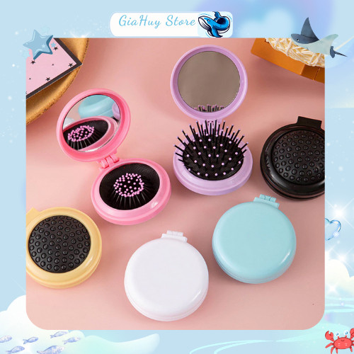 Gương trang điểm Lovito màu trơn có lược mát xa nhỏ gọn gấp lại được họa tiết hoạt hình cho nữ