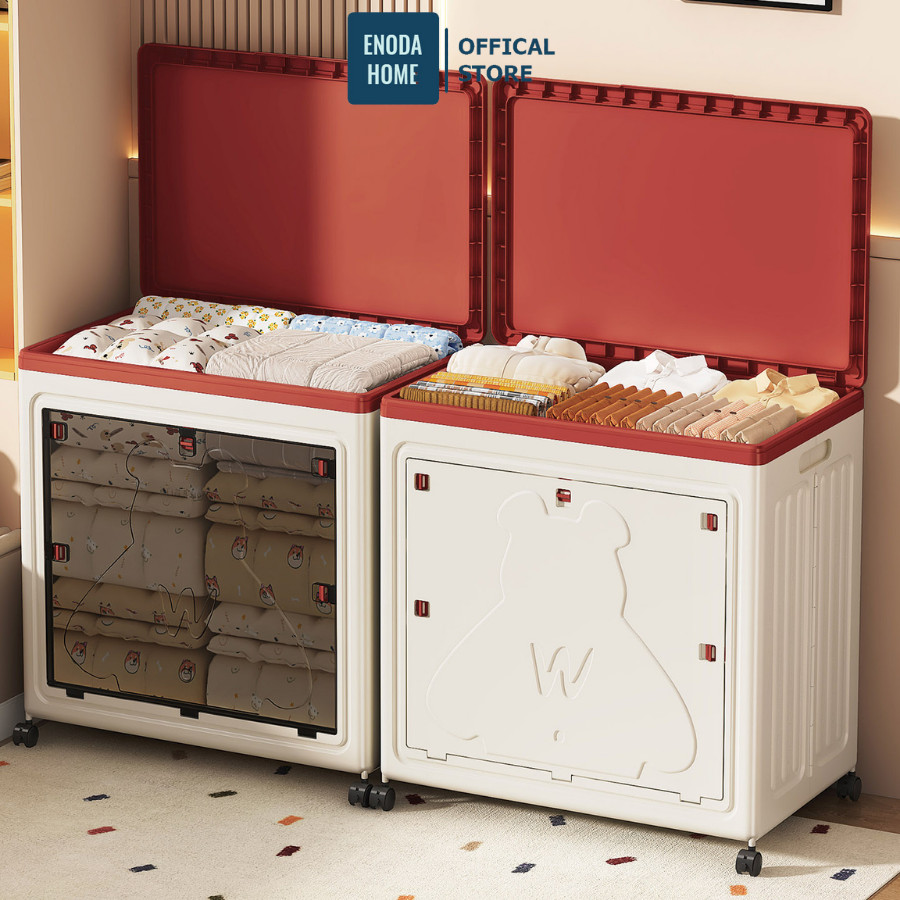 Hộp Nhựa Lớn Đựng Quần Áo ENODA HOME, Thùng Lưu Trữ Quần Áo Gấp Gọn Nắp Lật Cửa Trong Suốt Có Bánh Xe Q432
