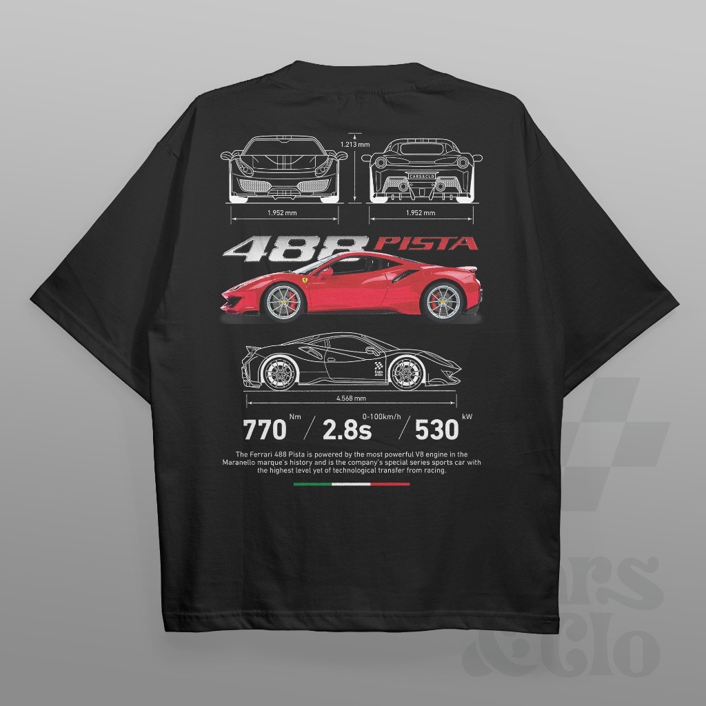 Cars and Clo - Regular Fit Black - Áo thun in họa tiết đỏ Ferrari 488 Pista