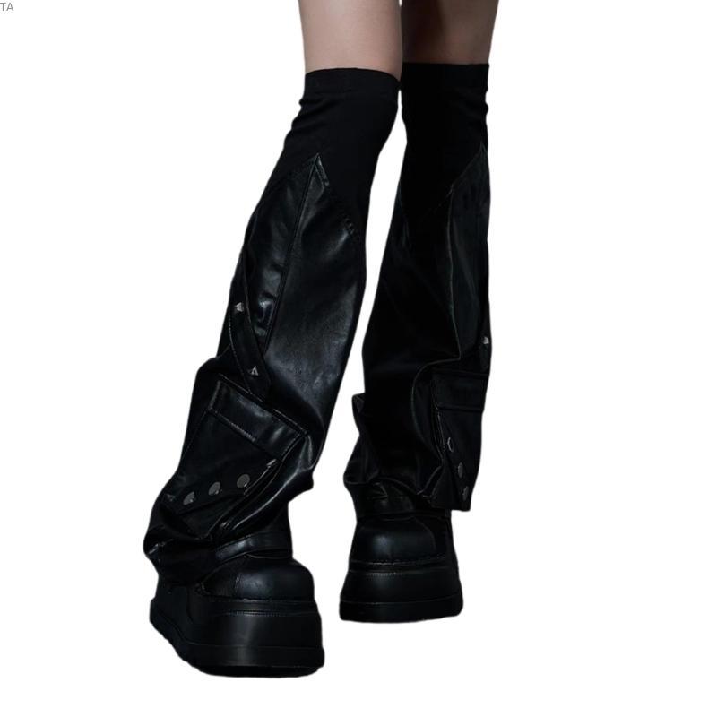 TGiày boot grunge nữ punk với đinh tán, dáng loe và cổ cao qua đầu gối, thiết kế giữ ấm tốt