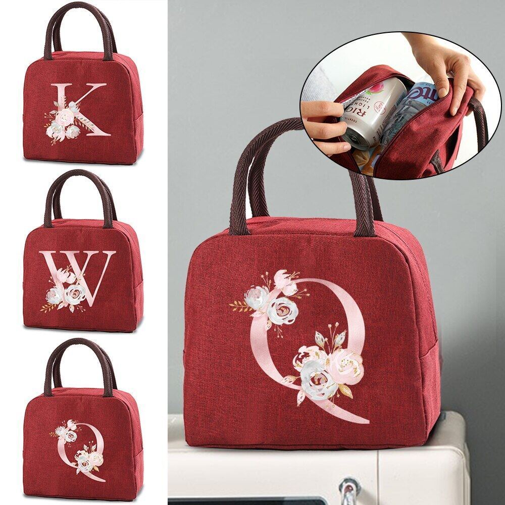 Lunch Bag Insulated Picnic Carry Case Thermal Lunch Bag Bento Pouch Lunch Container Pink Flower Lett