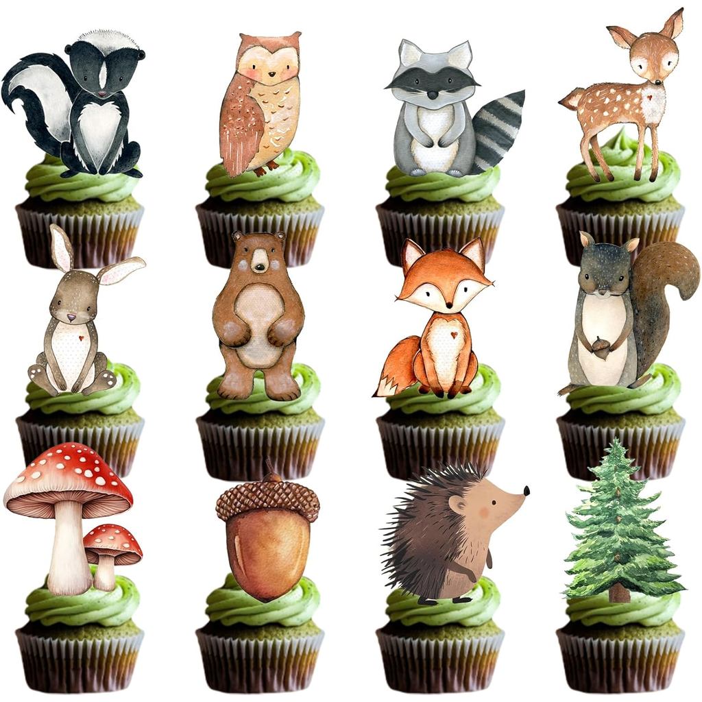48 Woodland Cupcake Topper, Forest Animal Cupcake Toppers cho Woodland Đồ trang trí tắm cho bé, Động