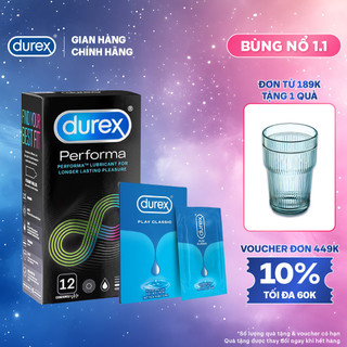  Combo Bao cao su Durex Performa kéo dài thời gian size 52mm hộp 12 bao + Gel Classic Dạng Gói 5ml 