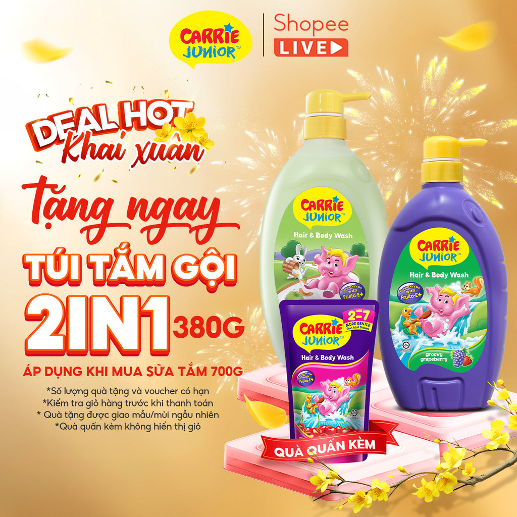   TẶNG Voi dây cót  Túi 380g  Chai Sữa Tắm Gội cho bé Carrie Junior 700g - Live 