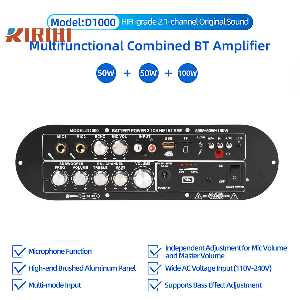D1000 DC15-18V Loa siêu trầm công suất cao Bảng khuếch đại kỹ thuật số Bluetooth 50W + 50W + 100W 2.