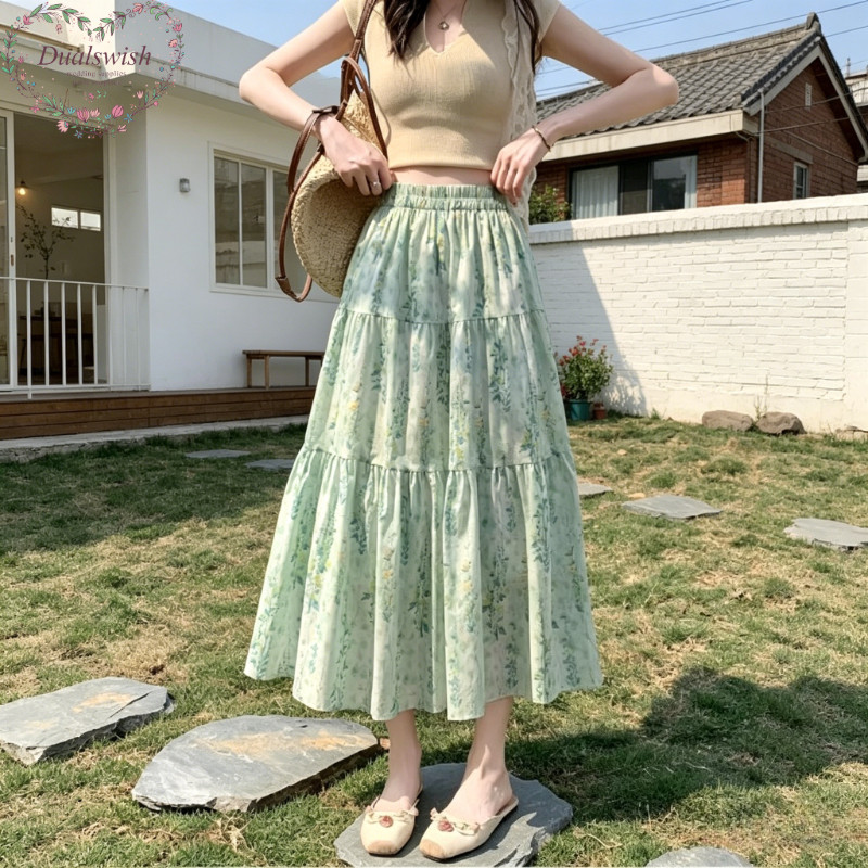 Váy midi chữ A nữ, in hoa, cổ cao, lót nhẹ - Style boho thời thượng cho mùa hè