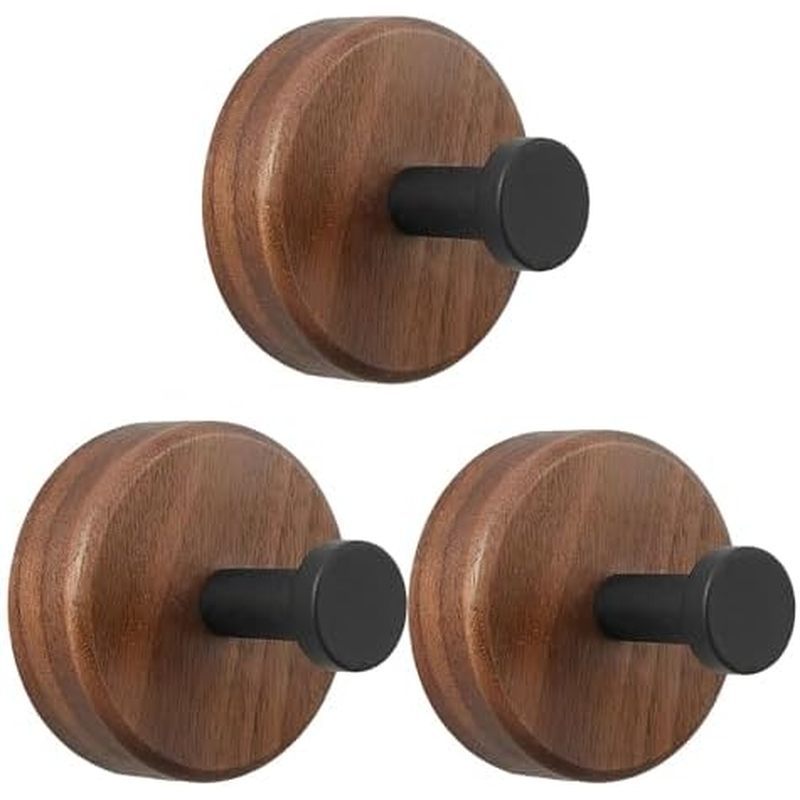Adhesive Wooden Wall Hooks,3 Pack Fhouse Decorative Dark Walnut Towel Hooks for Hanging Hats Towels 