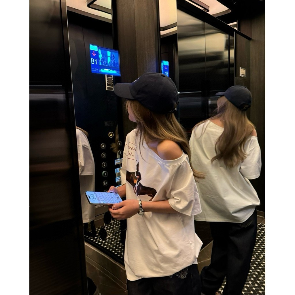 Jennie Same Style Summer Outfit New American Style Hot Girl Retro Puppy Print Age-Reducing Asymmetri