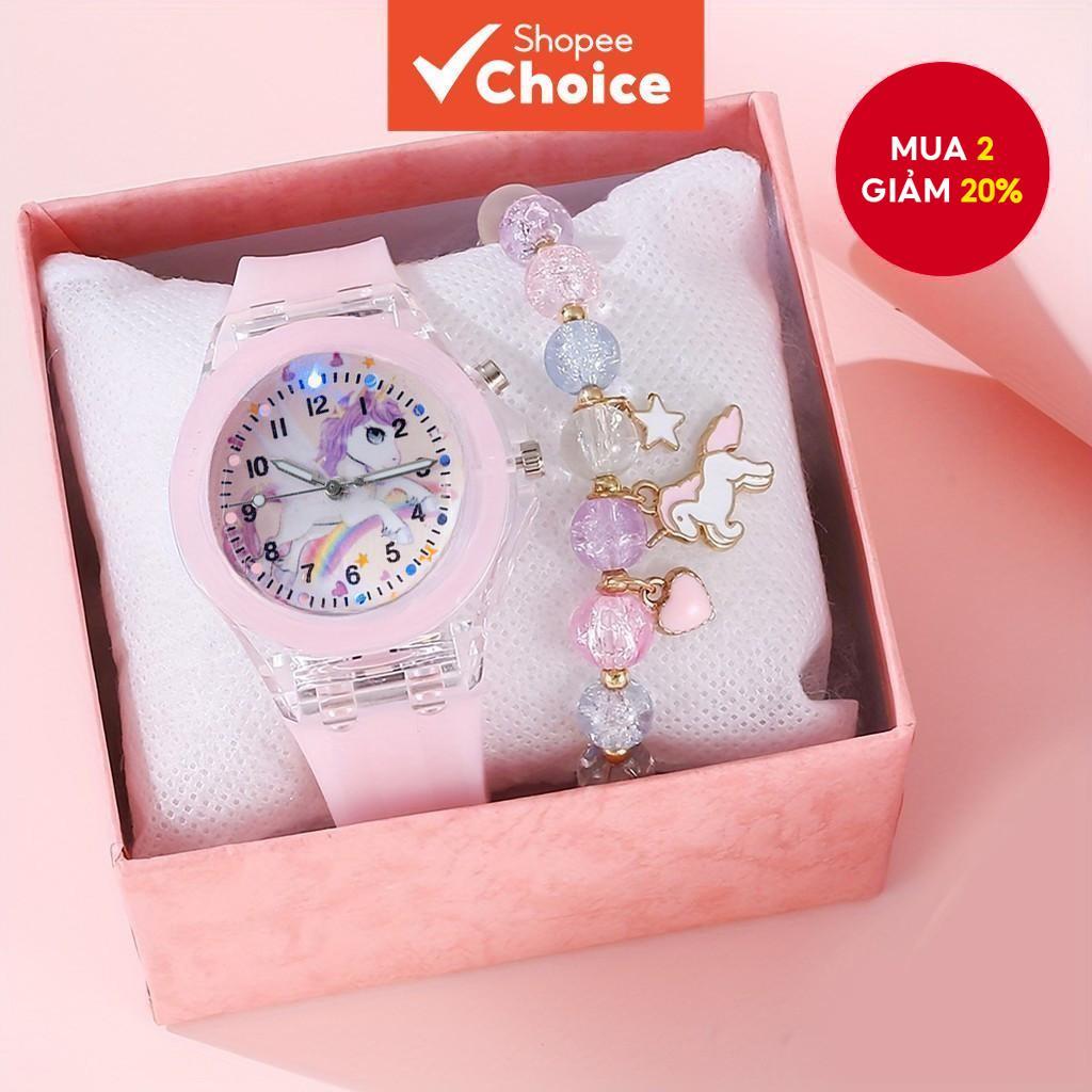 Đồng hồ đeo tay kỳ lân cho trẻ em bé gái Mặt tròn Đồng hồ thạch anh Bộ vòng tay Đồng hồ dạ quang