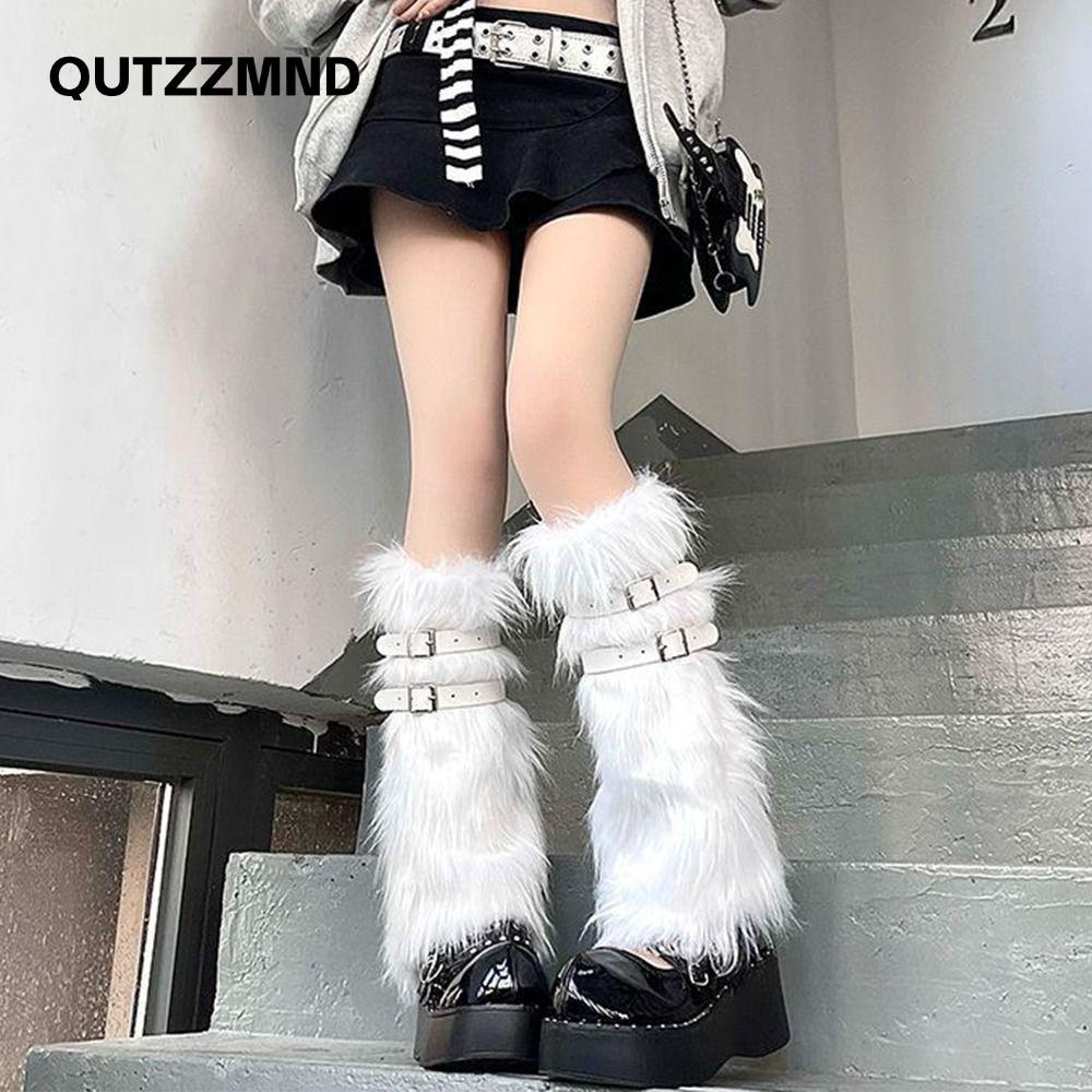 Boots Tất Mùa Đông cho Nữ, Thiết kế Gothic Punk với Dây Da và Lông Thú Giả Cao cấp đến đầu gối