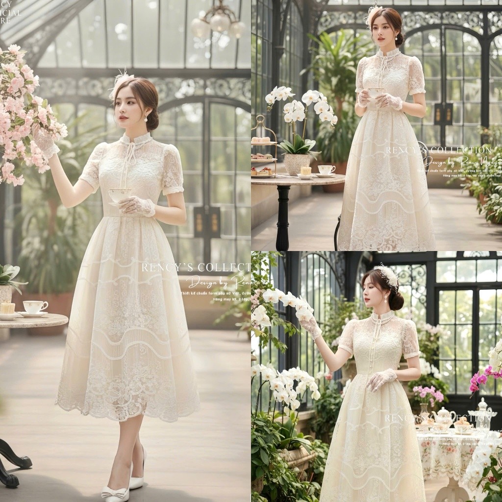 RC5803 Váy ren xòe kem dáng dài cố thắt nơ đính ngọc trẻ trung [TH RENCY]