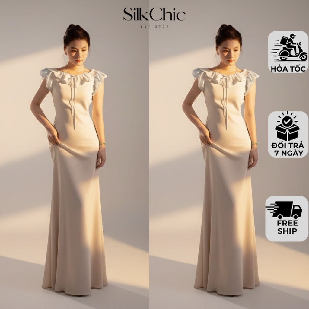 Đầm Lụa Dự Tiệc Tiểu Thư Thiết Kế Cổ Bèo Xếp Tầng Phối Nơ NV819 Váy Lụa Thanh Lịch Sang Trọng | BigBuy360 - bigbuy360.vn