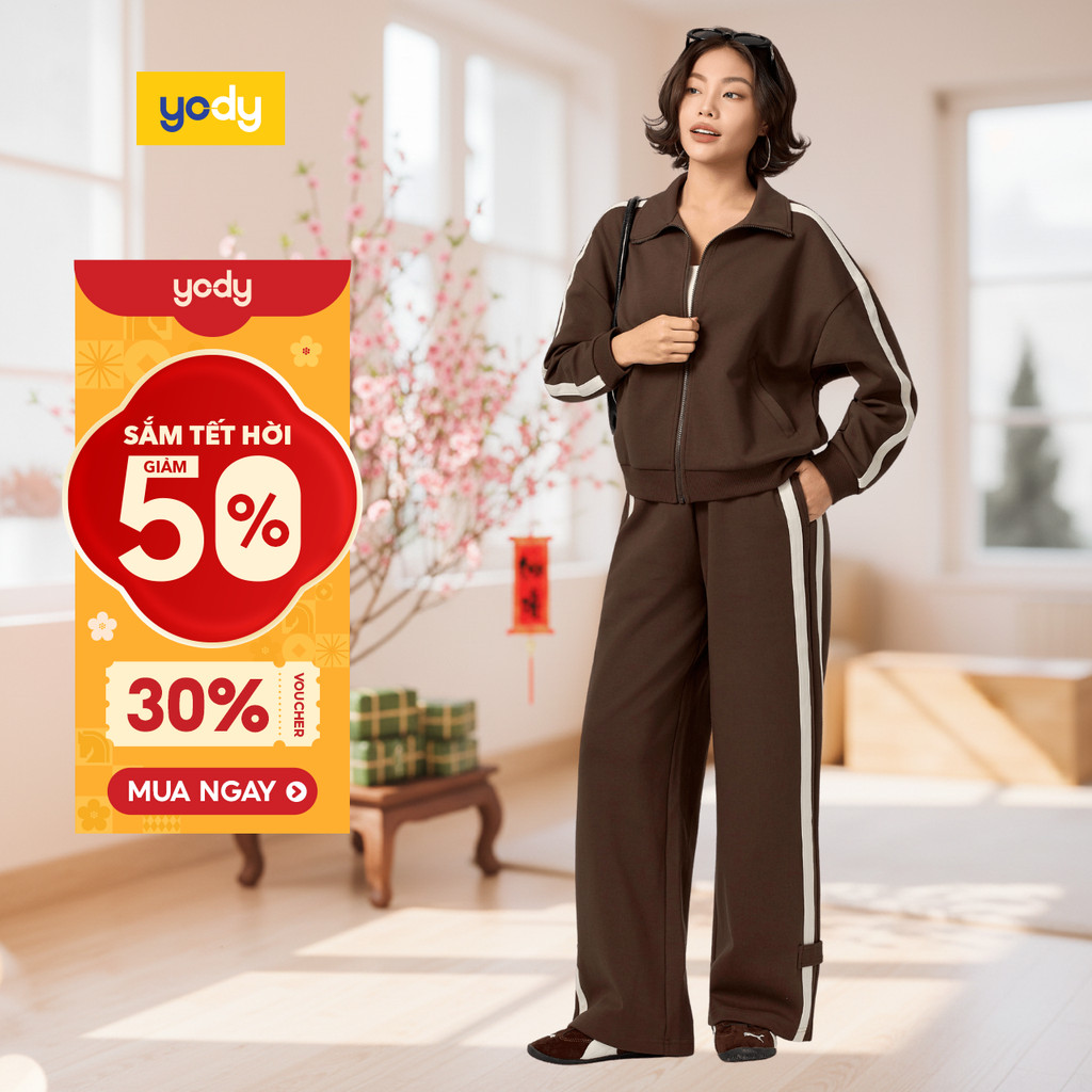 Bộ đồ nữ thu đông YODY vải nỉ double face áo khoác cổ dựng + quần ống suông WCSL25F056