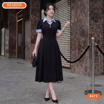 Đầm thiết kế BEMINE cổ sơ mi phối kẻ sọc dáng chữ A phù hợp đi làm-B471