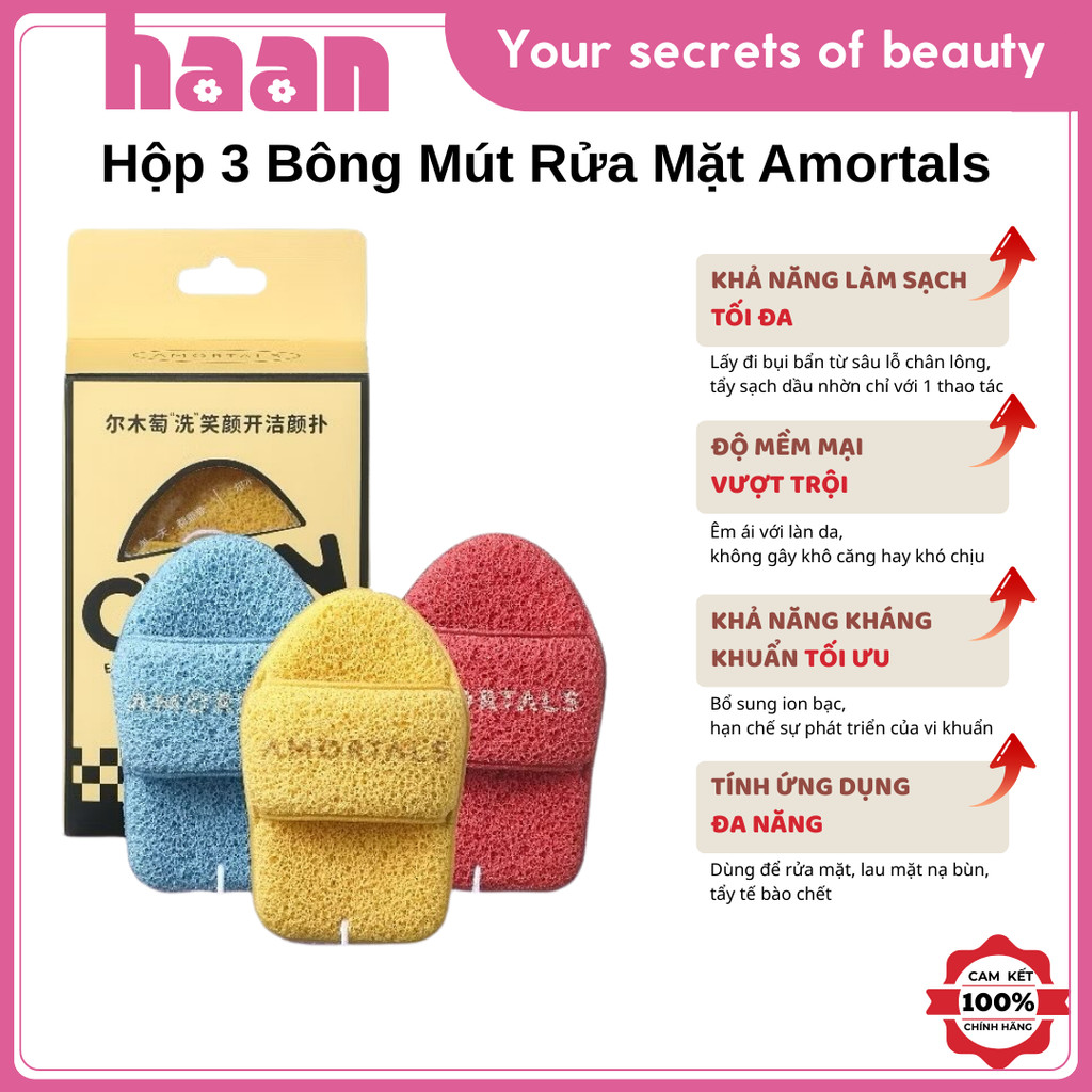 Hộp 3 Miếng Bông Mút Rửa Mặt Bọt Biển Clean Easy To Clean Amortals, Mút Rửa Mặt Tạo Bọt Chiếc Dép