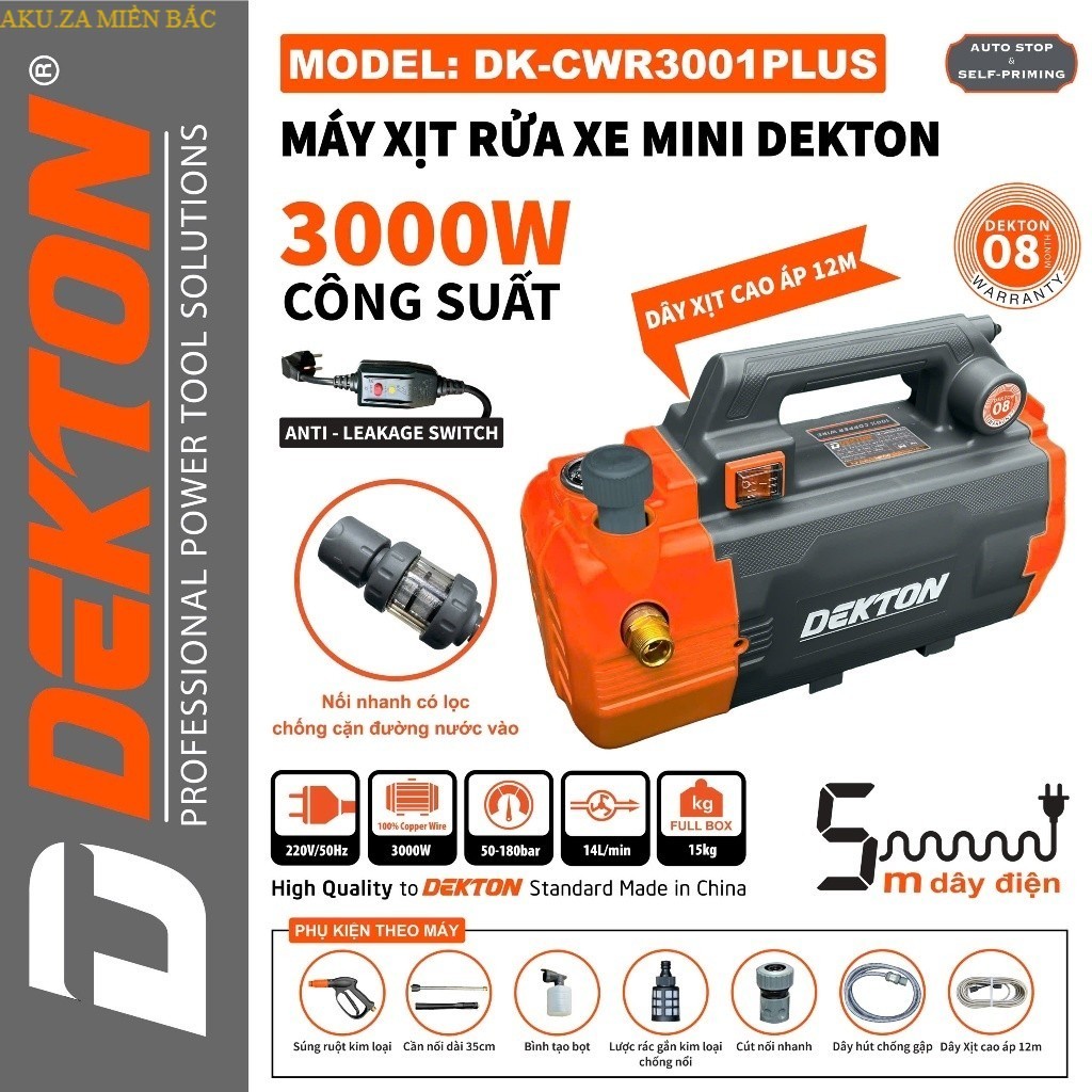 Máy rửa xe chỉnh áp DEKTON DK-CWR3001Plus, 3000W 180Bar Có chống giật Lưu lượng 14 lít AKUZA miền bắ