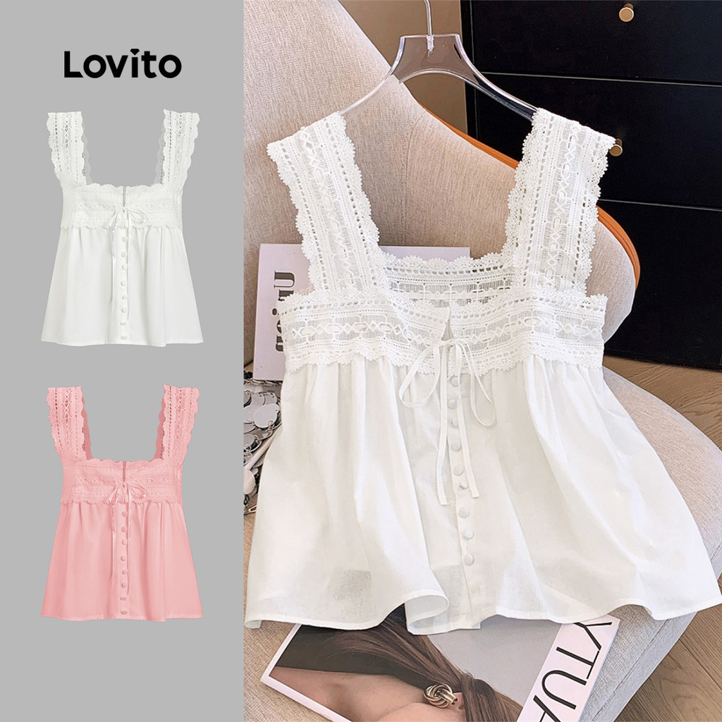 Lovito Áo Ba Lỗ Ren Trơn Boho Top Mùa Hè/xuân Dành Cho Nữ L100MD371