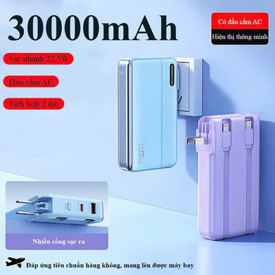 Sạc Dự Phòng 30000mAh 22.5W Tích Hợp Chân Cắm AC 2 Cáp Type C/LN Màn Hình Hiện Thị Pin Kiêm Cốc Sạc