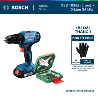  Máy khoan vặn vít động lực pin GSB 183-LI  2 pin  - Tặng 1 Bộ mũi khoan và vặn vít X-Line 34 món 
