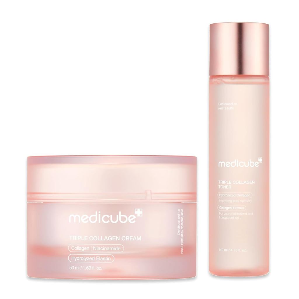 Medicube Triple Collagen Prep and Glow Duo: Kem ba Collagen và Toner ba Collagen | Axit Hyaluronic, 
