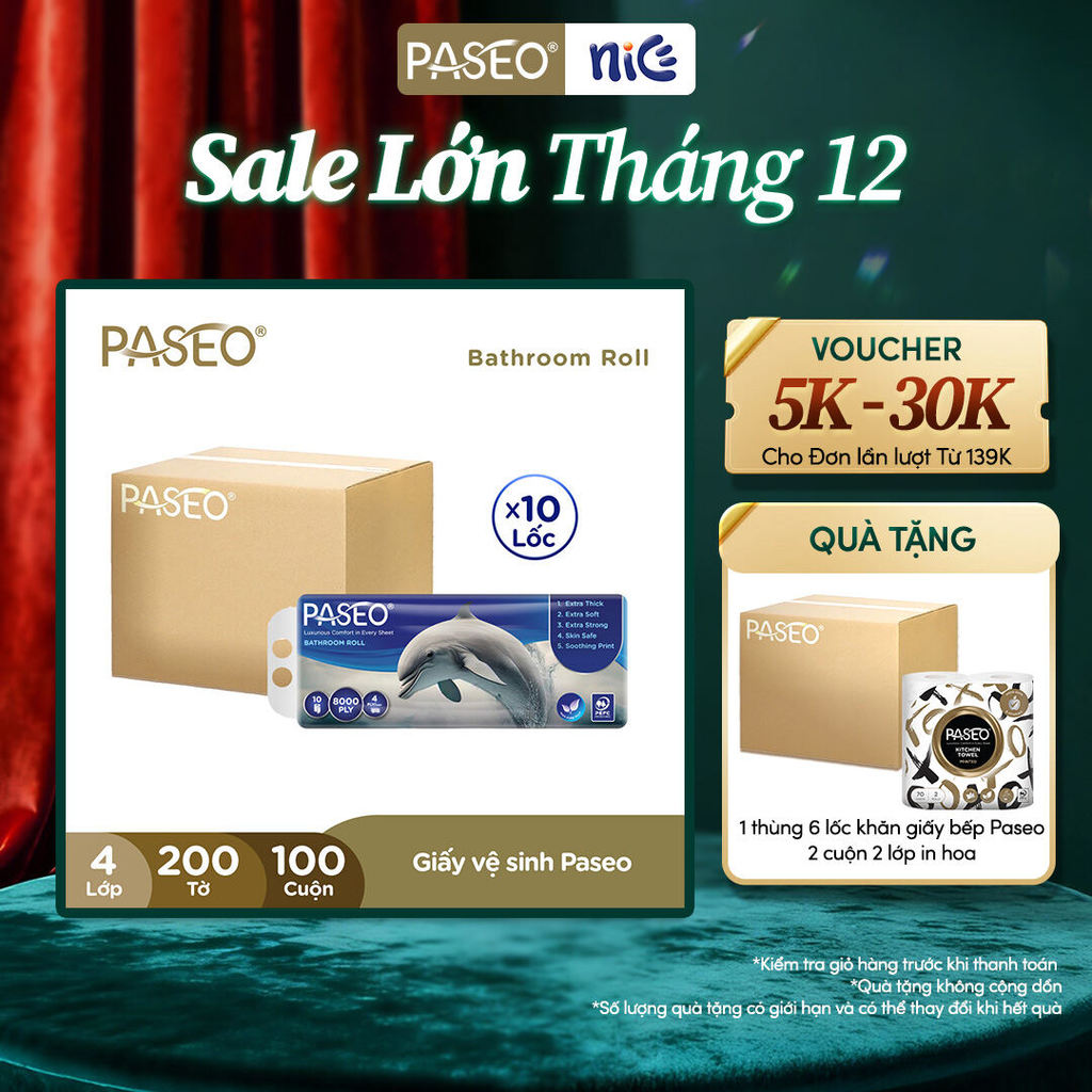  Thùng 10 Lốc 10 cuộn Giấy Vệ Sinh Paseo Dolphin Cao Cấp  4 Lớp  - Tan Nhanh Trong Nước 