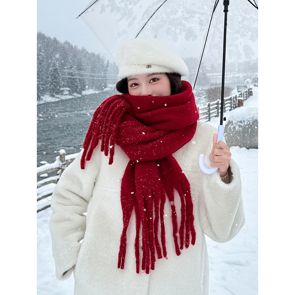 B. b.Wine Màu Đỏ Chắc Chắn Khăn Nữ Thu Đông Phong Cách Hàn Quốc Bầu Không Khí Mohair Dày Bé Gái Cao 