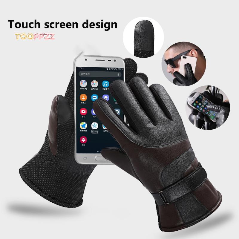 tooppzz 1 Pair Winter Touch Screen Leather Gloves For Men Warm Windproof Anti Slip Motorcycle Rider 