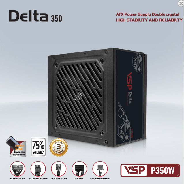 Nguồn CST VSP Delta ATX P350W Chính hãng (4+4pin, 6+2pin, Kèm dây nguồn)