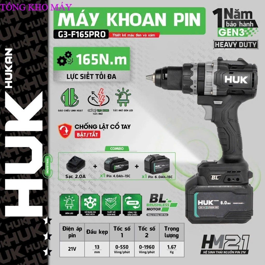 Hỏa Tốc Máy khoan pin HUKAN G3-F165PRO Lực Siết:165N.m, Anti Kickback, Tạo Xung, Kho Máy xx