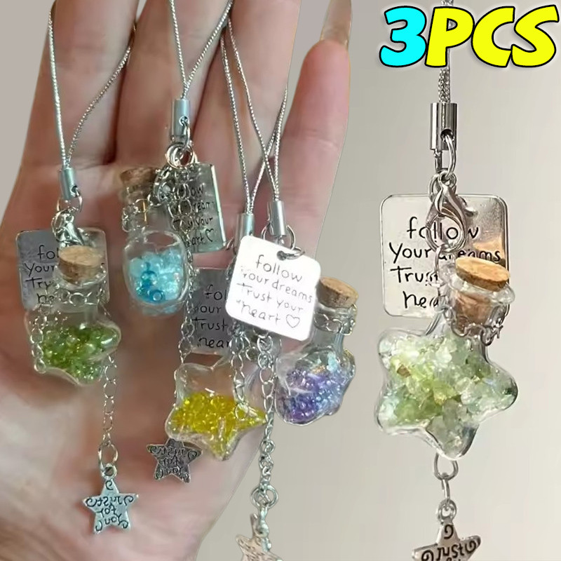 Móc khóa chai chúc mừng ngôi sao thủy tinh lãng mạn - 3D Pentagram Crystal Four-leaf Clover Keyring 
