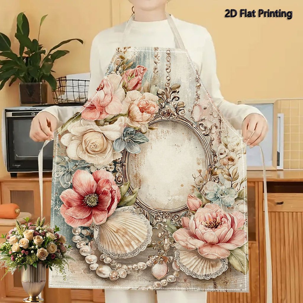 1PC 2D Flat Printed Floral Frame Pearl Seashell Vintage Apron For Home Cooking, Kitchen Wear, And Co